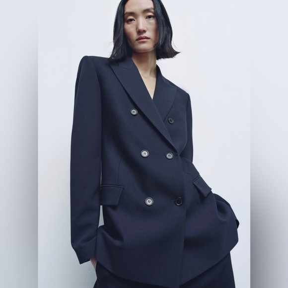 Zara Bloggers Fav Navy Blue Tailored Double Breasted Lapel Collar Blazer‎ Zs S - Picture 7 of 16
